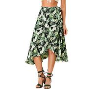 Allegra K Jupe Portefeuille mi-Longue bohème hawaïenne à Fleurs Tropicales pour Femmes Noir XL