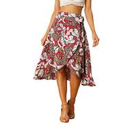 Allegra K Jupe Portefeuille mi-Longue bohème hawaïenne à Fleurs Tropicales pour Femmes Rouge M