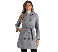 Allegra K Manteau d'hiver pour femme col claudine double boutonnage poche obliquer boutonnée ceinturée cabans Gris S