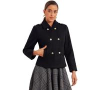 Allegra K Manteaux Caban Court Femme d'Hiver à Col Revers avec Poches Veste à Double Boutonnage Chic et élégant à Manches Longues Trench Coat Décontracté Noir L