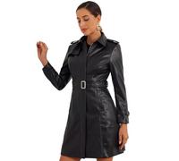 Allegra K Manteaux mi-Longue Femme Trench en Simili Cuir avec Ceinture Veste Faux Cuir Coupe Cintrée Col à Revers et Manches Longues Blouson PU de Motard Noir M