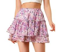 Allegra K Mini Jupe d'été à Volants Taille Haute pour Femme | jupe florale, taille élastique, à niveaux, motif floral, bordure à volants, ligne A, mousseline imprimée