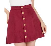 Allegra K Mini Jupe en Faux Daim Évasée À Boutonnage Simple sur Le Devant Jupe Courte Trapèze Rouge foncé L