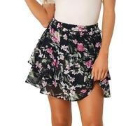 Allegra K Mini-Jupe Florale Patineuse trapèze à Ourlet à Volants superposés pour Femmes Noir Rose XL