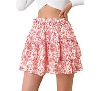 Allegra K Mini Jupe pour Femme avec Ourlet à Volants Multicouche, Taille élastique, Ligne A, Motif Floral, Rose, L