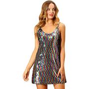 Allegra K Mini Robe à Paillettes pour Femme avec Bretelles Fines et décolleté en V pour fête, soirée Cocktail, Sortie en boîte, Arc-en-Ciel, Taille L