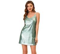 Allegra K Mini Robe à Paillettes pour Femme avec Bretelles Fines et décolleté en V pour fête, soirée Cocktail, Sortie en boîte, Vert Clair, Taille S