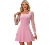 Allegra K Mini-Robe Courte en Velours à Manches Longues et à Encolure carrée en Maille Transparente pour Femmes Rose Vif L