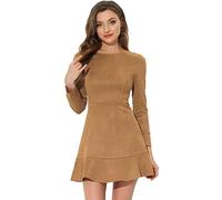 Allegra K Mini-Robe décontractée en Faux Daim à col Rond et Ourlet à Volants de Noël pour Femme Marron M