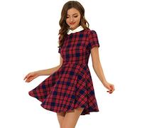 Allegra K Plaids Contraste Manches Bouffantes Au-Dessus du Genou Robe pour Femmes Rouge Bleu foncé M