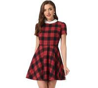 Allegra K Plaids Contraste Manches Bouffantes Au-Dessus du Genou Robe pour Femmes Rouge Bleu S