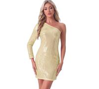 Allegra K Robe à Paillettes Femme à Une Épaule Dénue Mini Robe Asymétrique Scintillante Col Licou Robe de Soirée de Club Or S