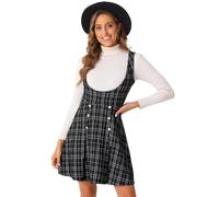 Allegra K Robe Chasuble en Tweed Femme Boutons Décoratifs Col en U Mini Robe Trapèze Robe Salopette à Carreaux Noir Blanc S