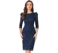 Allegra K Robe Cocktail Femme Élégante en Dentelle Florale à Manches 3/4 Robe Fourreau de Business Robe Moulante pour Invité de Mariage Bleu Foncé M
