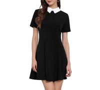 Allegra K Robe Courte Femme Trapèze Évasée À Manches Courtes Et Col De Poupée Couleur Contrasté Noir XL