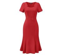 Allegra K Robe de Cocktail Vintage Femme Robe Sirène de Business Ourlet Queue de Poisson Manches Courtes Robe Mi-Longue Moulante Rouge S