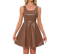 Allegra K Robe Débardeur pour Femme Robe de Club en Simili Cuir sans Manches A-Ligne Mini Robe de Soirée Brun XL