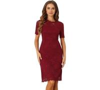 Allegra K Robe en Dentelle Florale Femme Col Rond Manches Courtes Robe Fourreau pour Business et Cocktail Rouge Foncé S