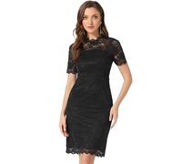 Allegra K Robe en Dentelle Florale Femme Col Rond Manches Courtes Robe Fourreau pour Business et Cocktail Noir XL