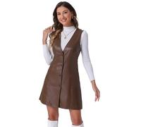 Allegra K Robe en Simili Cuir Femme Robe Pinafore Boutonnée Col en V sans Manches Mini Robe Chasuble Robe Salopette en PU Marron S