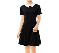 Allegra K Robe Évasée À Manches Courtes avec Col De Poupée Contrasté pour Femme Noir XS