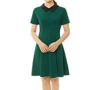 Allegra K Robe Évasée À Manches Courtes avec Col De Poupée Contrasté pour Femme Vert XL