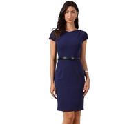 Allegra K Robe Femme Fourreau Élégante à Col Rond et à Manches Courtes Robe Midi avec Ceinture pour Business Bleu Foncé S