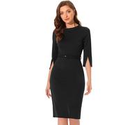 Allegra K Robe Fourreau de Bureau Femme Manches 3/4 Fendues Col Montant Crayon Ceinturée Business Élégante Noir M