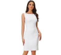 Allegra K Robe Fourreau Femme sans Manches Robes Business de Bureau Décontractées à Col Bateau Robe Midi Moulante Cocktail Blanc XS