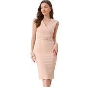 Allegra K Robe fourreau pour femmes avec col en V noué, robe d'affaires pour bureau, robe crayon sans manches, abricot, Taille L
