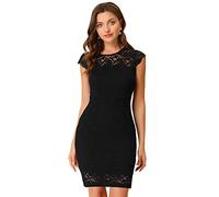 Allegra K Robe Moulante Femme en Dentelle Florale élégante Robe Fourreau de Business à Manches Courtes en Tricot Extensible Noir M