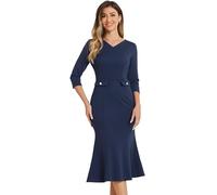 Allegra K Robe Moulante Vintage en Queue De Poisson pour Femmes, Manches 3/4, Robes De Travail, D'Église, De Cocktail Bleu Marin XL