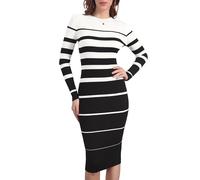 Allegra K Robe Pull rayée à Manches Longues pour Femme, col Ras du Cou Extensible, Moulante, en Tricot côtelé, décontractée, pour l'automneBlanc M