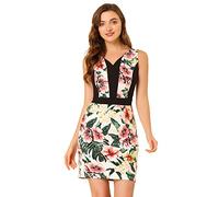 Allegra K Robe sans Manches Motif Colorblock à Encolure en V Noir Fleur Rose Jaune L