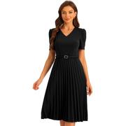 Allegra K Robes Plissée Femme Col en V Manches Courtes Robe Ceinturée Mi-Longue sous Le Genou Robe Trapèze de Bureau Robe d'affaire Noir S