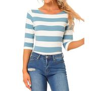 Allegra K T-Shirt À Rayures Coupe Ajustée À Manches 3/4 de Noël pour Femmes Bleu Clair et Blanc M