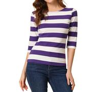 Allegra K T-Shirt À Rayures Coupe Ajustée À Manches 3/4 de Noël pour Femmes Violet Blanc XL