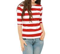 Allegra K T-Shirt À Rayures pour Femmes Coupe Ajustée Blouse Décontracté Col Bateau et Manches 3/4 Rouge L