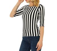 Allegra K T-Shirt Basique décontracté à Manches Coudes et col Rond pour Femme, Rayures Verticales Noires, Taille L