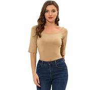 Allegra K T-shirt doux à manches mi-longues et col bateau pour femme, peau, Taille L