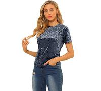 Allegra K T-Shirt en Velours Femme Haut Décontracté à Manches Courtes et Col Rond Pull Gris Bleu XL