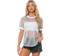 Allegra K T-Shirt Transparent à Manches Courtes et col Rond pour Femmes Argent Blanc M