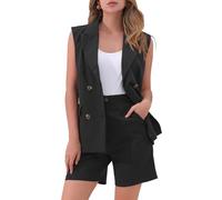 Allegra K Tenues d'Été 2 Pièces Femmes Blazer Croisé sans Manches avec Short Gilet de Costume à Double Bouttonnage Ensembles Tailleurs-Pantalons Courtes Noir M