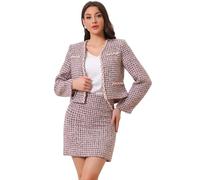 Allegra K Tenues en Tweed à Carreaux pour Femmes Ensemble Veste Blazer Courte et Jupe Ouverte sur Le Devant Rose-Mauve M