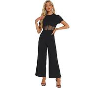 Allegra K Tenues Une Pièce Femmes Combinaison Décontractée à Col Ras du Cou Jumpsuit en Maille Transparente à Jambe Large Combishort Chic Noir L
