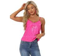 Allegra K Top Pailleté Femme Bretelles Spaghetti Brillant Scintillant pour Fête Soirée Rose néon L