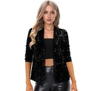Allegra K Veste Blazer Élégante à Sequins pour Femmes Cardigan à Paillettes Manches 3/4 pour Soirée Gilet Brillante Costume de Fête Noir S