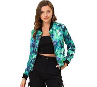 Allegra K Veste Bomber Femme Col Montant Imprimé Floral Blouson Aviateur pour Printemps Vert L