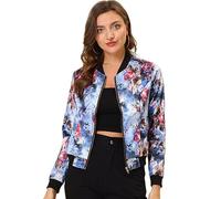 Allegra K Veste Bomber Femme Col Montant Zippé Imprimé Floral Costume d'Halloween Bleu L