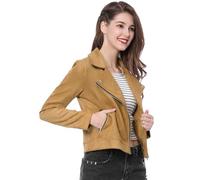 Allegra K Veste courte pour femme Soft Moto Poches zippées Vestes de motard en faux suède Kaki M